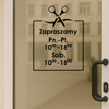 Naklejka z godzinami otwarcia – z motywem nożyczek